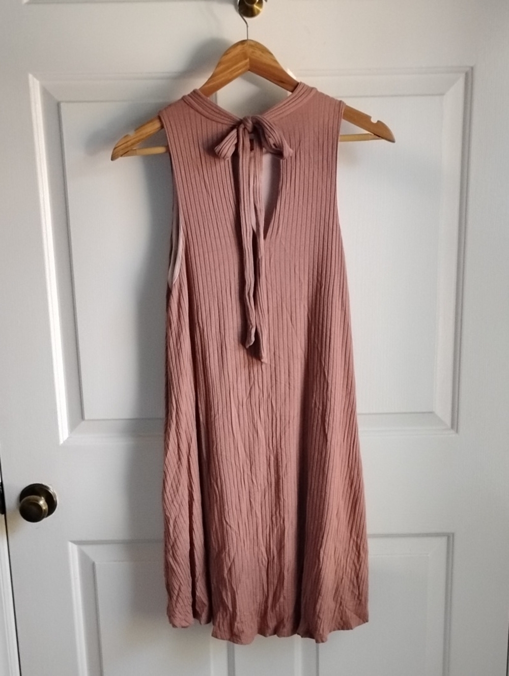 PPLA Ribbed Sleeveless Midi Dress in Dusty Rose with Tie-Back